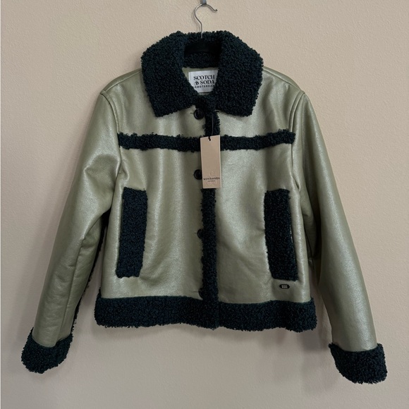 NWT Scotch & Soda Green Faux Shearling Faux Leather Aviator Bomber Jacket - Picture 1 of 6